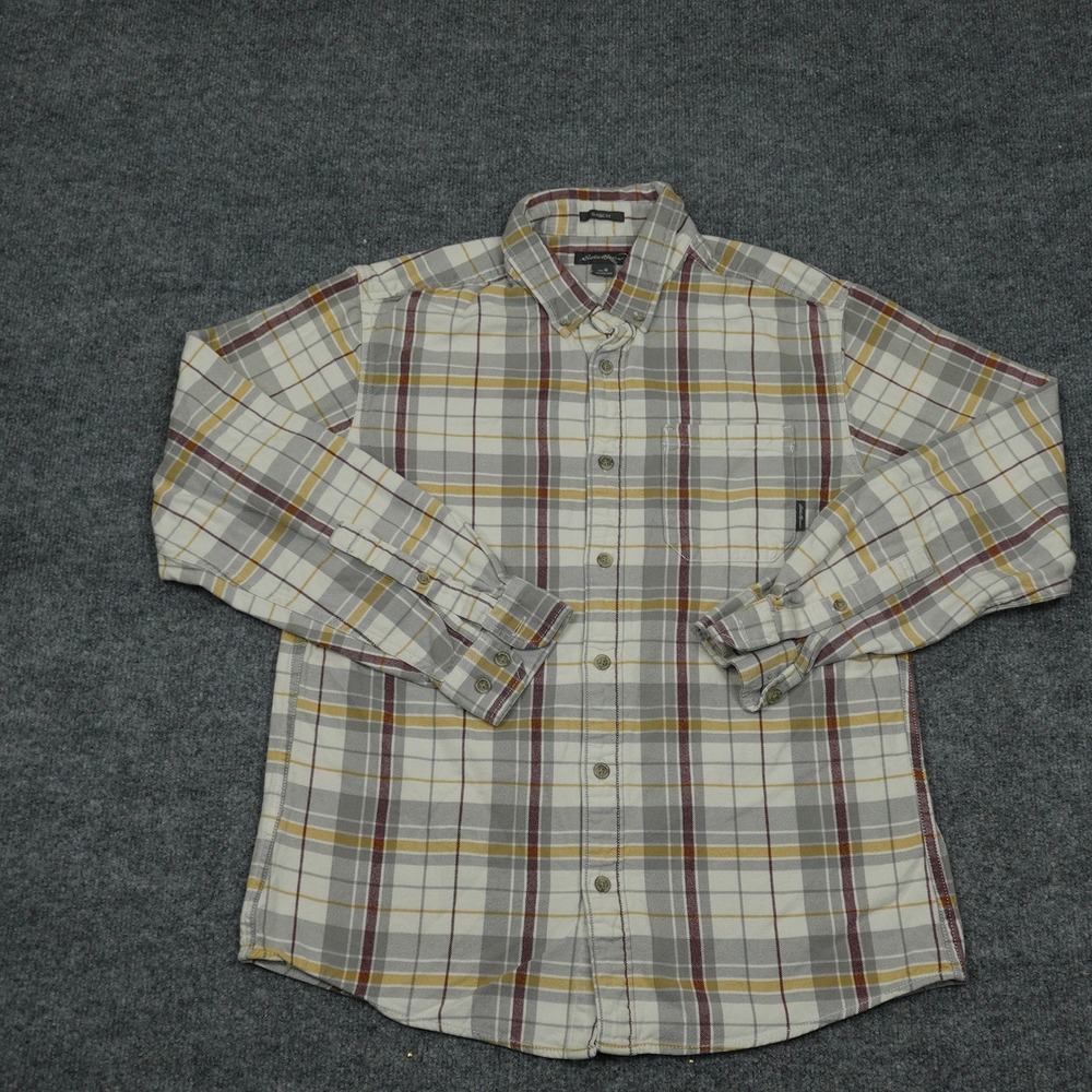 Eddie Bauer Shirt Mens Medium Grey Yellow Plaid Flannel Classic Fit Button Down